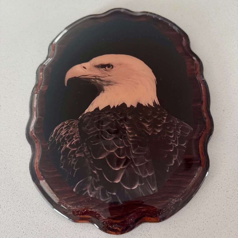 Vintage Bald Eagle Wood Wall Plaque High Gloss Resin Scalloped Edge Americana